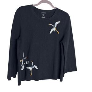 Ann Taylor Factory Black Metallic Sweater Embroidered Crane Bell Sleeve Large